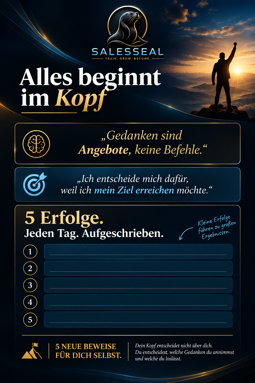 SalesSeal-Battlecard Alles beginnt im Kopf mit Gedankenimpulsen und fünf Schreibzeilen für persönliche Erfolge